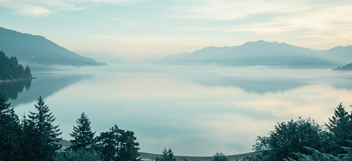 Misty coastal mountain horizon extending down to calm reflective bay water and shoreline trees