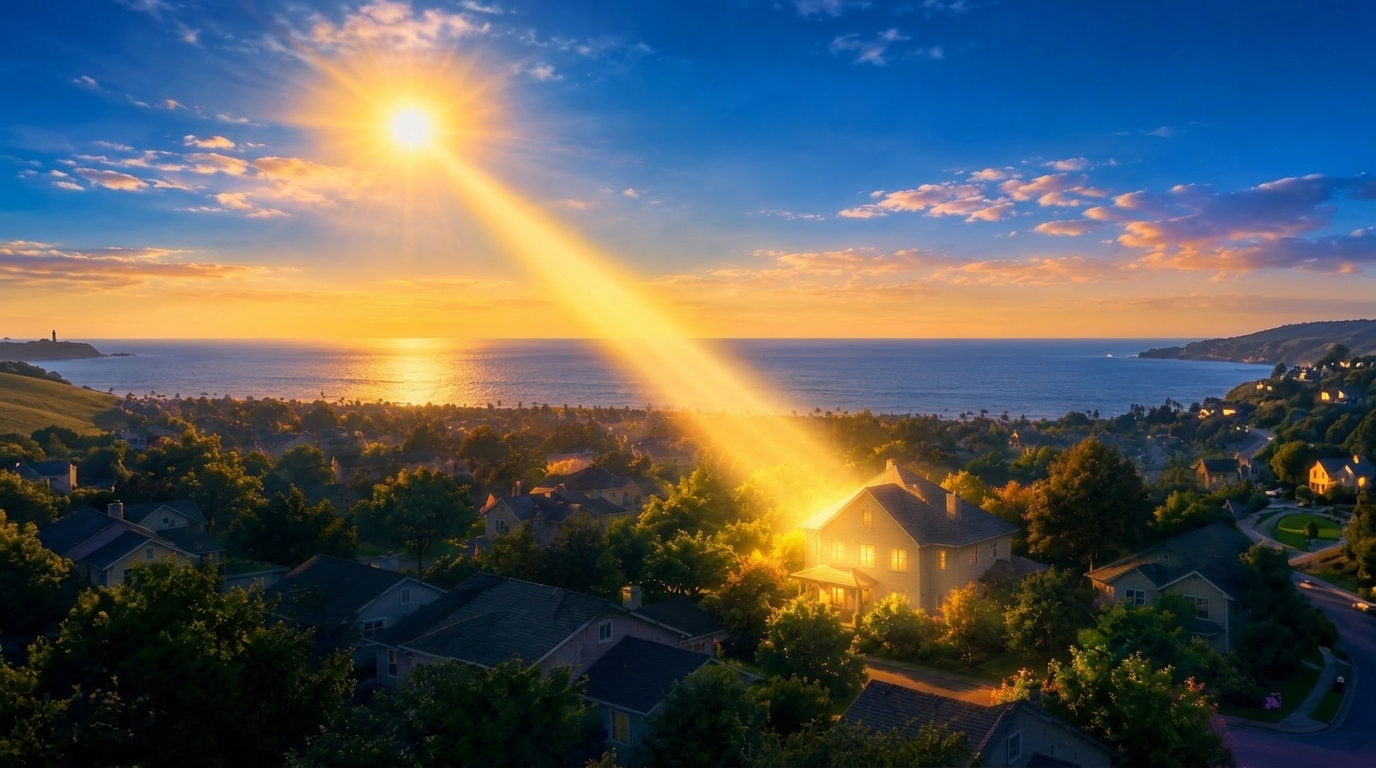 Golden morning sunbeam shining over peaceful coastal town and sunlit house