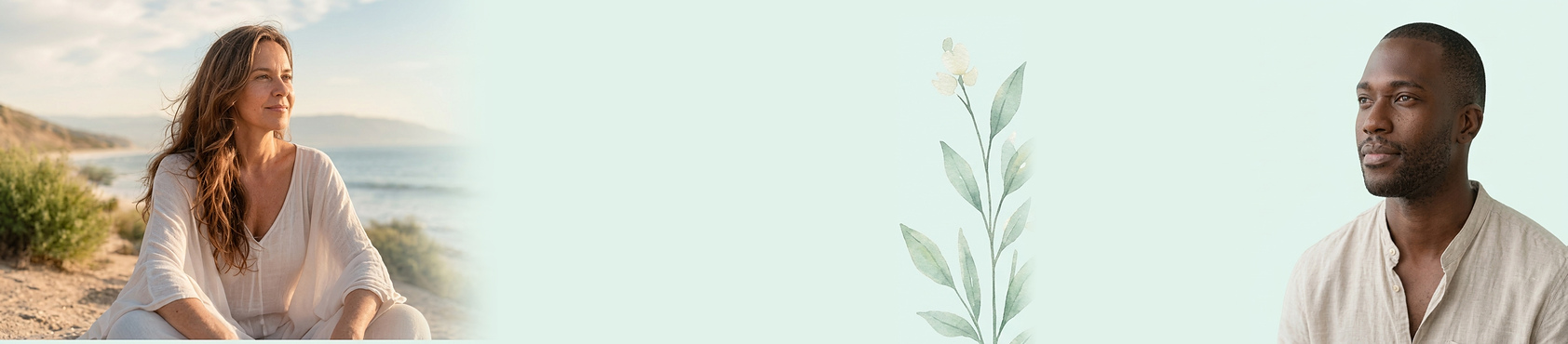 Effrat Sullivan meditating by the ocean with botanical leaves and peaceful listener